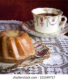 Mini Pound Cake - Almond Lemon Drizzle Cake On Old Pictures Coffee Cup, Side Plate On Lace