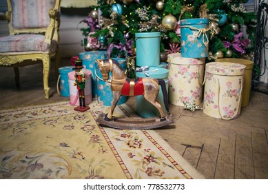 Mini Rocking Horse Wood Chair On Christmas Background