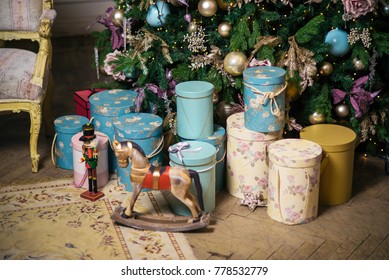 Mini Rocking Horse Wood Chair On Christmas Background