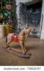 Mini Rocking Horse Wood Chair On Christmas Background