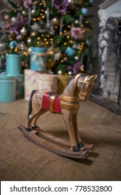 Mini Rocking Horse Wood Chair On Christmas Background