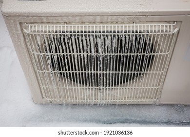 Mini Split Air Conditioning Outdoor Unit Covered In Ice From Winter Storm