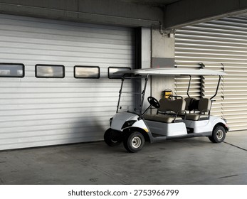 Mini storage facility with rows of units and a golf cart with handicap sign