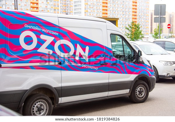 Mini van truck for delivery to points of delivery\
of the online store Ozon.ru. Russia, Saint-Petersburg. 04 september\
2020.