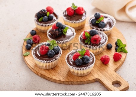 Mini vanilla New York cheesecakes cooked in a muffin pan topped with chocolate ganache served with fresh berries