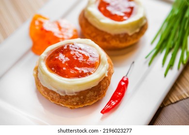 Mini Waffle With Cream And Pepper Jelly