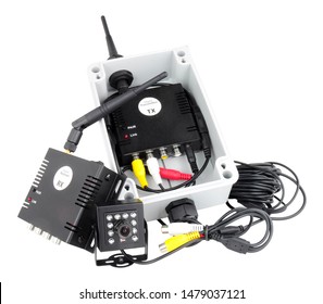 Mini wireless digital camera system with transmitter and receiver isolated on a white background