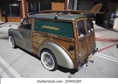 Mini Woody Station Wagon With Surf Board, Ventura, California, USA, 05.02.2014