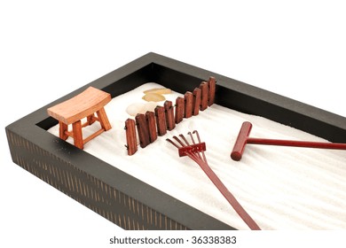 Mini Zen Garden With White Sand, Stones And Wood Rakes