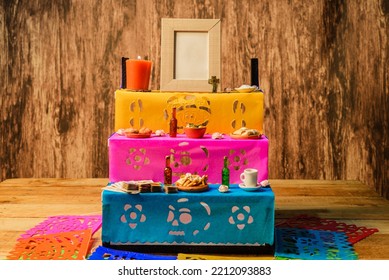 Miniature Altar Of The Dead With Offerings For Deceased Family Members. Offering On The Occasion Of The Day Of The Dead.