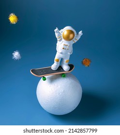 Miniature Astronaut Figurine On A Skateboard, International Day Of Human Space Flight Concept