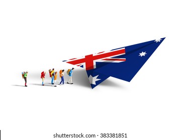 Miniature Backpackers Walking To The Paper Australia Airplane On White Background