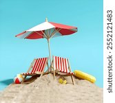 miniature beach with beach sand, benches and umbrellas.