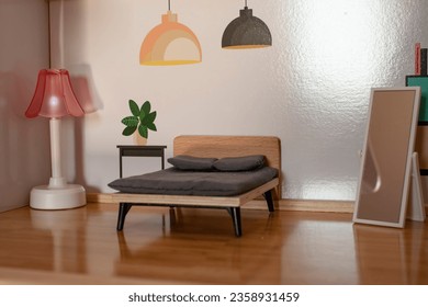 Miniature bedroom  bed, nightstand, lamps, perfect for interior design decor ideas - Powered by Shutterstock