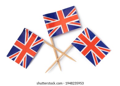 Miniature British Flag Cocktail Sticks Isolated On White Background Close Up