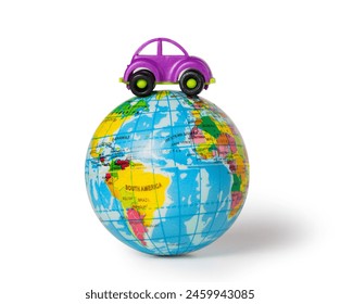 a miniature car on a small globe, travel and tourism concept. Isolated on white background - Powered by Shutterstock