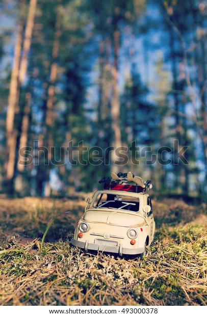Miniature and caricature car is traveling\
around the world. The car is wondering across the forest on a sunny\
day. Image has a vintage effect\
applied.