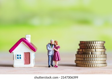 Miniature Couple Stand Between   Stack Coins And  Tiny Home Over Blurred Green Garden Background.