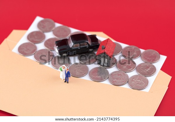 Miniature creative rich, car and house\
together successfully