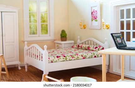 miniature diorama, interior design with warm tones, girls bedroom - Shutterstock ID 2180034017
