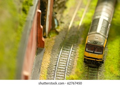 Miniature Express Train On A Model Railroad Set