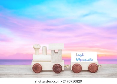 miniature figure wood train toy carry block text over summer beach background. - Powered by Shutterstock