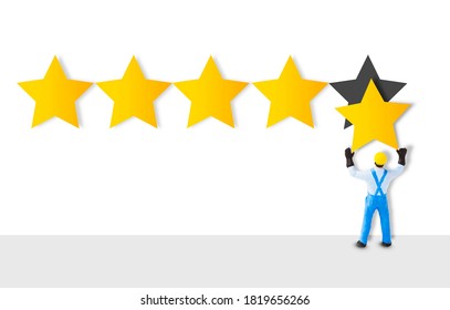 Miniature figure worker staff holding a gold star in hand to give five star for customer evaluation. Customer satisfaction and marketing survey concept.