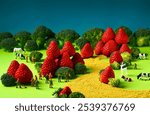 Miniature figures explore a landscape with oversized strawberries and broccoli as trees.