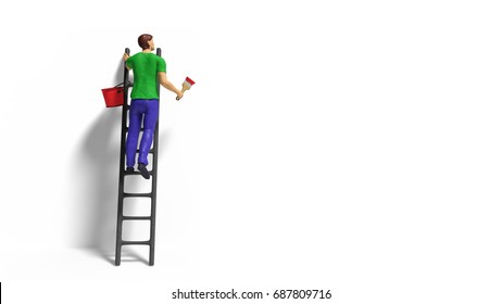 miniature figurine character with ladder and red paint in front of a wall - Shutterstock ID 687809716