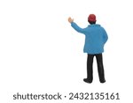 miniature figurine of man with hat waving or inviting someone to stop isolated on white background
