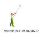 A miniature figurine of a painter wearing green overalls and holding a long-handled roller brush, isolated on white background with clipping path