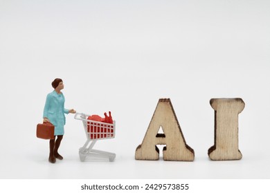 miniature figurine of a woman shopping with a cart using artificial intelligence - Powered by Shutterstock