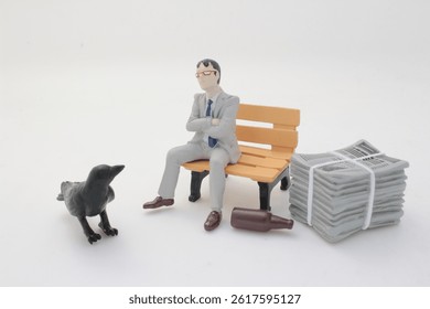 Miniature figurines depict a formal man on a bench with a crow