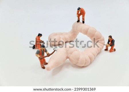 miniature figurines of men at work on a huge human intestine