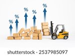 A miniature forklift lifting boxes with upward percentage arrows, symbolizing increased logistics or transportation costs