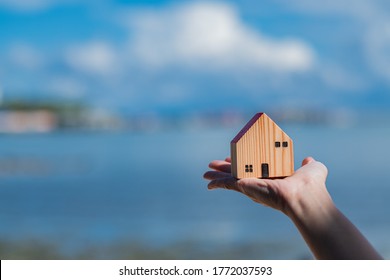 miniature house model on hand with blur background
