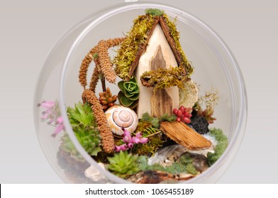 Ein Miniaturhaus in einer Plexiglaskugel aus Holz in Form eines Terrariums mit sukkulenten Pflanzen