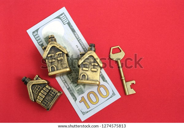 Miniature Houses Keys On Red Background Stock Photo Edit Now