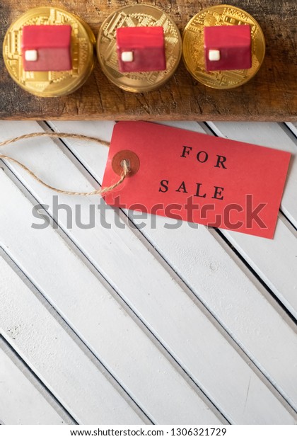 Miniature Houses Sale Label Property Investment Stock Image