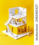 Miniature macro photography, Diorama architects designing blueprints on tiny drafting tables, bright studio light, yellow background 