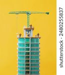 Miniature macro photography, Little construction workers building a miniature skyscraper, bright studio light, yellow background 