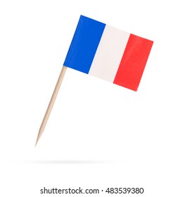 Miniature Paper Flag France. Isolated French Flag Pointer On White Background. With Shadow Below