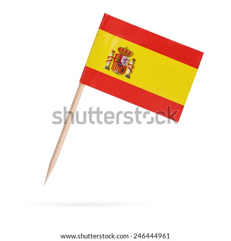 Miniature paper flag Spain. Isolated Spanish Flag on white background.With shadow below