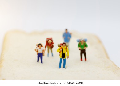 Miniature People, Backpackers Walking To Destination. Travel And Business Concept.