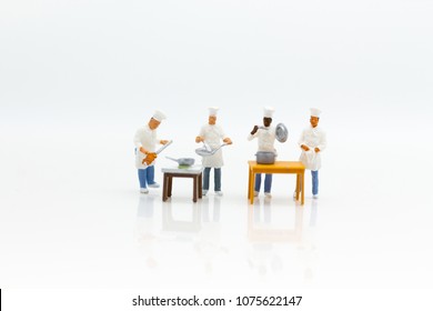 Miniature People : Chefs Are Preparing Food For Cook In Kitchen. Image Use For New Menu Creation, Food And Beverage Concept.