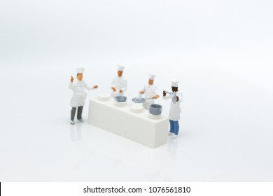 Miniature People : Chefs Are Preparing Food For Cook In Kitchen. Image Use For New Menu Creation, Food And Beverage Concept.