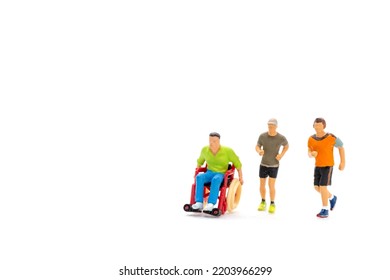 Miniature People Disabled Happy Friends Having Fun Together  On White Background