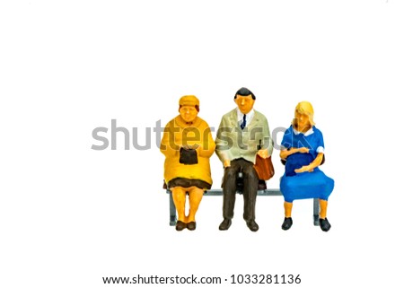 Miniature people office, worker and business sit on chair concept in variety action on white background with space for text