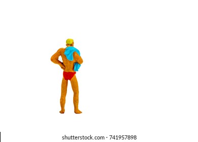 Miniature People Office, Worker And Swimming Beach Sport Concept In Variety Action On White Background With Space For Text