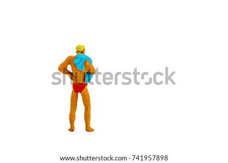 Miniature people office, worker and swimming beach sport concept in variety action on white background with space for text